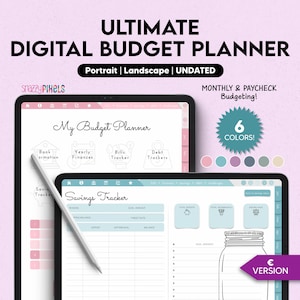May include: A digital budget planner on an iPad screen. The planner includes sections for bank information, yearly finances, bill tracking, debt trackers, and a savings tracker. The planner is available in six colors. The text on the screen reads "My Budget Planner" and "Savings Tracker".