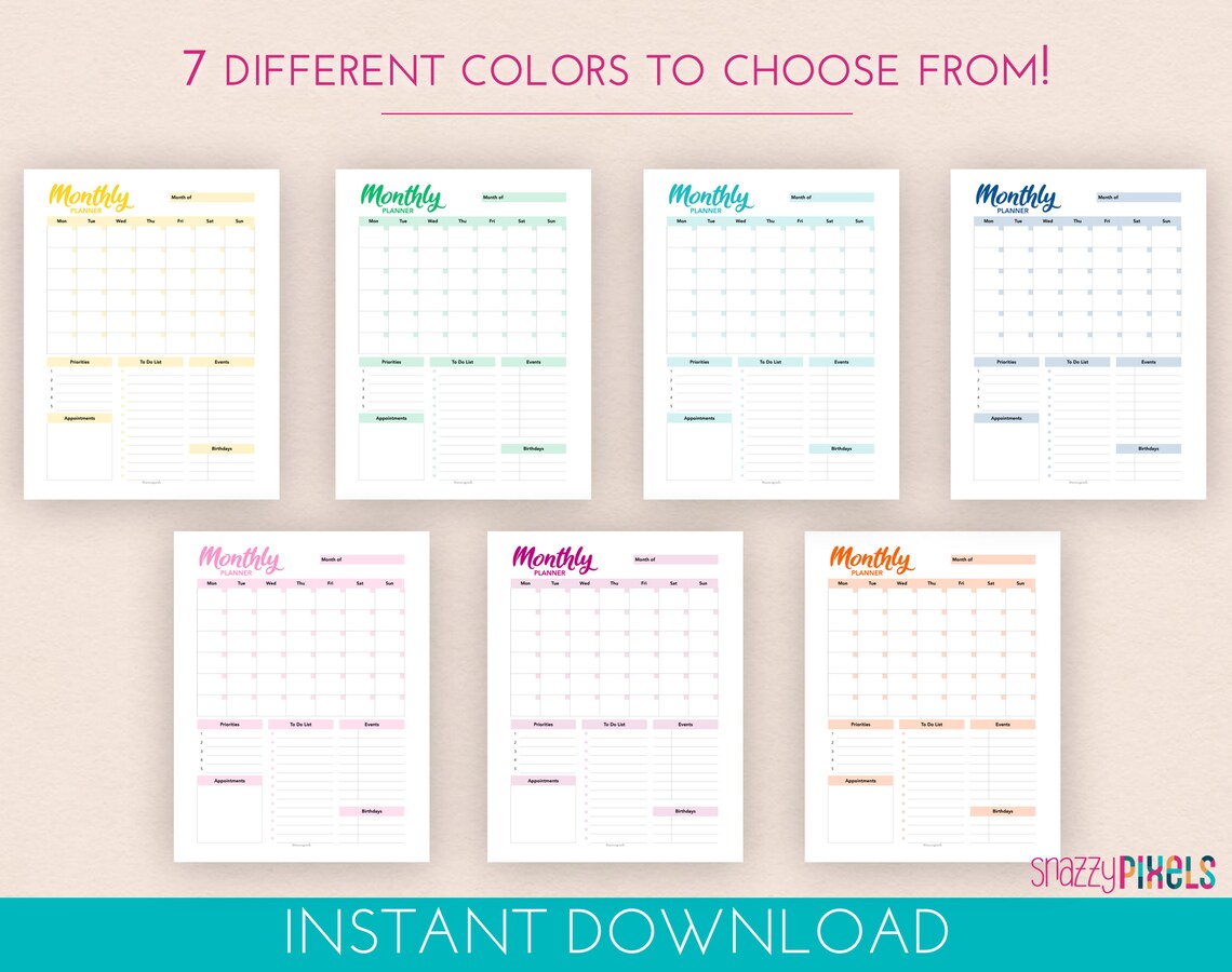 Month at a Glance Planner Printable PDF color Month Goals - Etsy