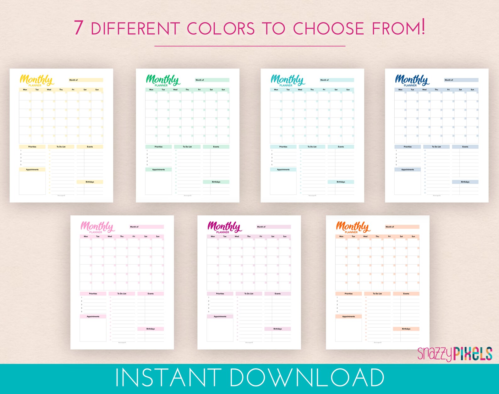 Month at a Glance Planner Printable PDF color Month Goals - Etsy