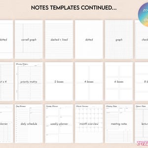 Puede incluir: Un conjunto de plantillas de notas imprimibles para planificar y organizar. Las plantillas incluyen varios dise&ntilde;os, como Cornell punteado, Cornell gr&aacute;fico, l&iacute;nea discontinua, punteado, gr&aacute;fico, lista de verificaci&oacute;n, matriz de prioridad, cuadros, planificador de proyectos, horario diario, planificador semanal, descripci&oacute;n general del mes, notas de la reuni&oacute;n y notas de la conferencia.