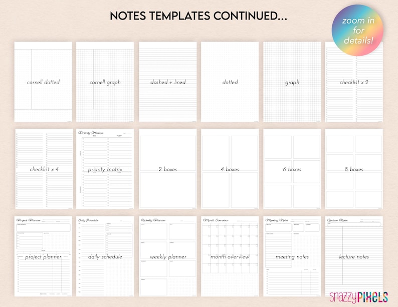 Puede incluir: Un conjunto de plantillas de notas imprimibles para planificar y organizar. Las plantillas incluyen varios dise&ntilde;os, como Cornell punteado, Cornell gr&aacute;fico, l&iacute;nea discontinua, punteado, gr&aacute;fico, lista de verificaci&oacute;n, matriz de prioridad, cuadros, planificador de proyectos, horario diario, planificador semanal, descripci&oacute;n general del mes, notas de la reuni&oacute;n y notas de la conferencia.