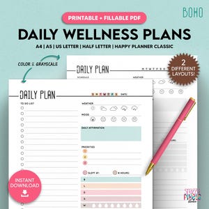 Plan de bienestar diario imprimible, lista de tareas diarias para completar, agenda minimalista sin fecha, cuidado personal, tamaño A5, medio tamaño, A4, carta, planificador feliz