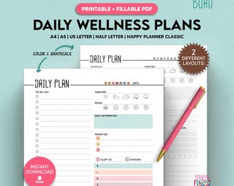 Printable Daily Wellness Planner, Self Care Checklist (Fillable PDF)