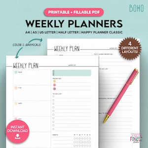 Könnte beinhalten: Druckbare Wochenplaner mit minimalistischem Design. Das Bild zeigt mehrere Planerseiten mit dem Text "Weekly Plan" und "To Do List". Ein rosa Stift mit goldenen Akzenten liegt auf den Seiten. Die Planer sind in verschiedenen Größen erhältlich.
