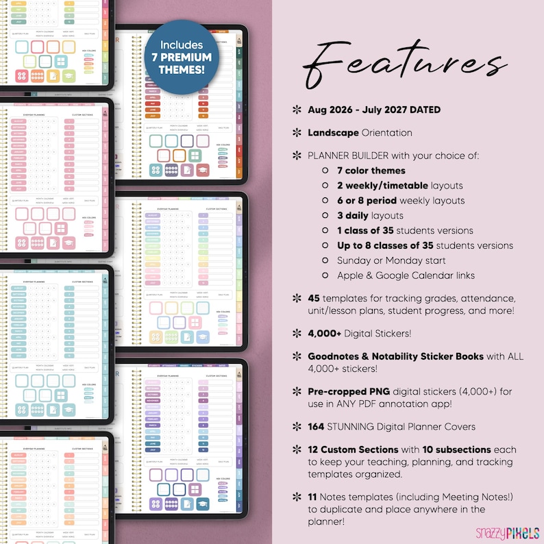 Features of digital teacher planner including 2 weekly timetable layouts, 3 daily planner templates, Apple and Google Calendar links, and digital stickers and covers included.