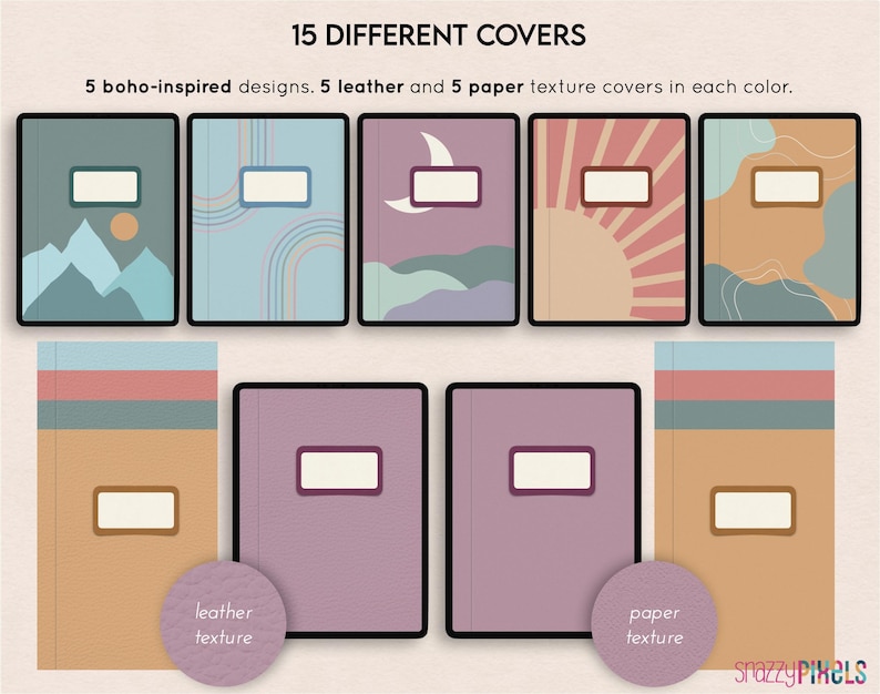 May include: Fifteen different digital planner covers in a boho style. Five designs feature a leather texture and five designs feature a paper texture. Each design is available in five different colors. The designs include a crescent moon, a sun, mountains, and abstract shapes.
