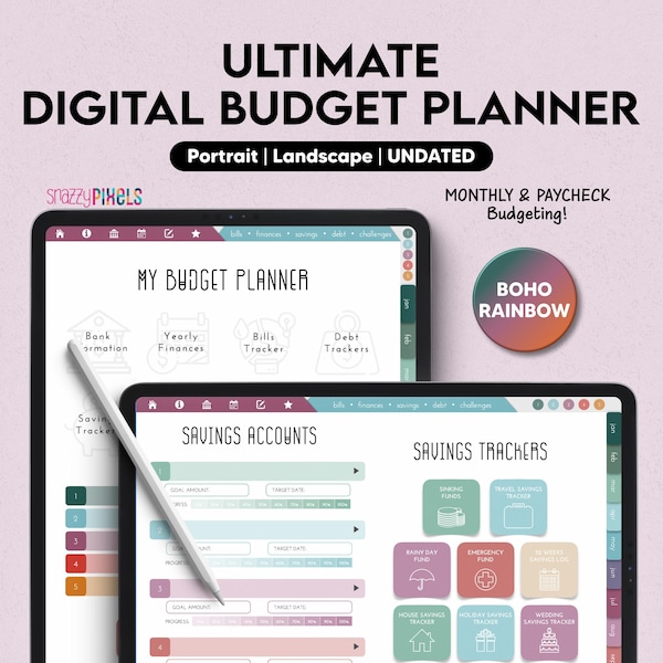 Boho Digital Budget Planner, Paycheck Bi Weekly Budget, Bill Tracker, Debt Payoff Tracker