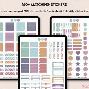 May include: Three digital planner pages with over 160 matching stickers. The pages feature various stickers, including notes, flags, banners, clips, stars, hearts, and arrows. The stickers are in a variety of colors, including blue, green, purple, orange, and pink.