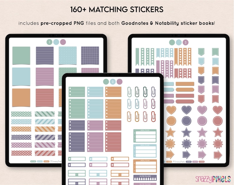 May include: Three digital planner pages with over 160 matching stickers. The pages feature various stickers, including notes, flags, banners, clips, stars, hearts, and arrows. The stickers are in a variety of colors, including blue, green, purple, orange, and pink.