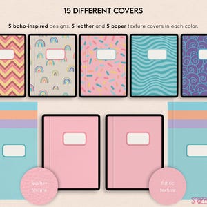 Puede incluir: 15 portadas de cuaderno diferentes, 5 dise&ntilde;os de inspiraci&oacute;n boho, 5 portadas de cuero y 5 portadas de textura de papel en cada color. Las portadas son de varios colores, incluyendo rosa, azul, amarillo y morado.