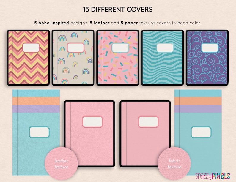 Puede incluir: 15 portadas de cuaderno diferentes, 5 dise&ntilde;os de inspiraci&oacute;n boho, 5 portadas de cuero y 5 portadas de textura de papel en cada color. Las portadas son de varios colores, incluyendo rosa, azul, amarillo y morado.