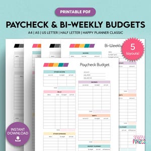Paycheck & Bi-Weekly Budget Printable Templates, Budget by Paycheck Worksheet, Bi Weekly Finances, A4 A5 US Letter Half Size Happy Planner