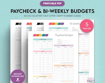 Paycheck & Bi-Weekly Budget Printable Templates, Budget by Paycheck Worksheet, Bi Weekly Finances, A4 A5 US Letter Half Size Happy Planner