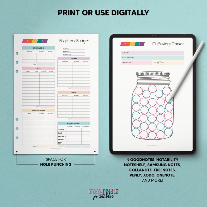 May include: Printable budget and savings tracker pages with a colorful design. The budget page includes sections for income, bills, cash envelopes, and debts. The savings tracker page features a jar with circles to color in as you save.