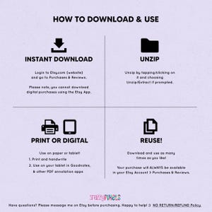 May include: A graphic with instructions on how to download and use a digital product purchased on Etsy. The graphic includes icons for downloading, unzipping, printing, and reusing the product. The text includes the phrase "Instant Download" and "Please note, you cannot download digital purchases using the Etsy App."
