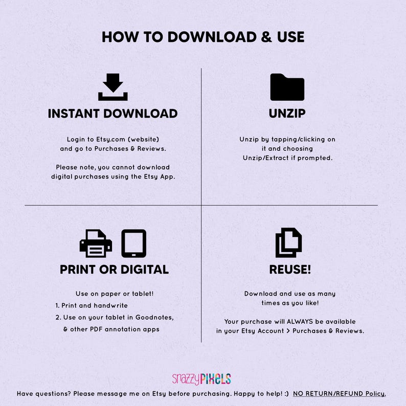 May include: A graphic with instructions on how to download and use a digital product purchased on Etsy. The graphic includes icons for downloading, unzipping, printing, and reusing the product. The text includes the phrase "Instant Download" and "Please note, you cannot download digital purchases using the Etsy App."