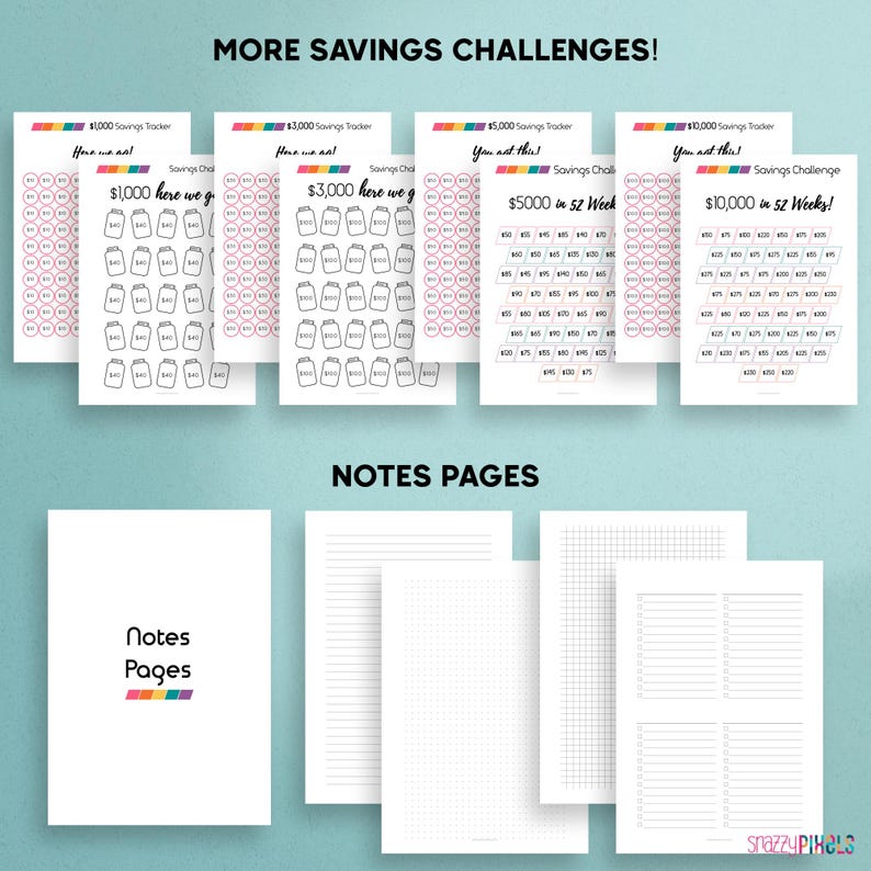 May include: Four printable savings challenge trackers with different goals: $1,000, $3,000, $5,000, and $10,000. Each tracker has a colorful header with the goal amount and the text "Here we go!" or "You got this!"  The trackers are designed to help people save money over 52 weeks.  There are also three printable note pages: one lined, one gridded, and one with a combination of lined and gridded sections.