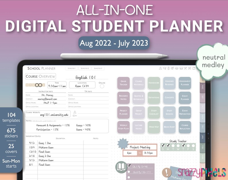 Digital Student Planner (Neutrals), 2022-2023 Academic Planner, Digital College Planner, for Goodnotes Notability Noteshelf iPad 