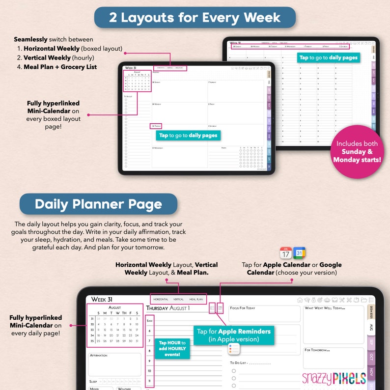 digital weekly boxed layout and digital hourly schedule pages, digital daily student planner and hyperlinked academic calendar