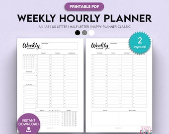 Weekly Hourly Planner Printable PDF (B&W), Daily Schedule, Weekly Organizer, Weekly to do list | A4 A5 Letter Half Letter Happy Planner