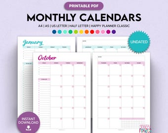 Monthly Calendar Planner Printable PDF (Color), Undated Calendar Planner Insert, Sunday Monday Start  A4 A5 Letter Half Letter Happy Planner