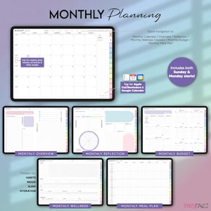 Pode incluir: Um planejador mensal digital exibido na tela de um tablet, com calend&aacute;rio de agosto de 2026, vis&atilde;o geral mensal, reflex&atilde;o, or&ccedil;amento, rastreadores de bem-estar para h&aacute;bitos, humor, sono e hidrata&ccedil;&atilde;o e um plano de refei&ccedil;&otilde;es.