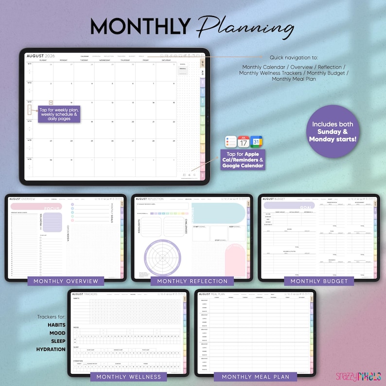 Pode incluir: Um planejador mensal digital exibido na tela de um tablet, com calend&aacute;rio de agosto de 2026, vis&atilde;o geral mensal, reflex&atilde;o, or&ccedil;amento, rastreadores de bem-estar para h&aacute;bitos, humor, sono e hidrata&ccedil;&atilde;o e um plano de refei&ccedil;&otilde;es.