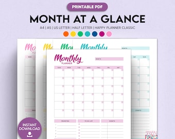 Month at a Glance Planner Printable PDF (Color), Month Goals, To Do List, Undated Calendar Insert | A4 A5 Letter Half Letter Happy Planner