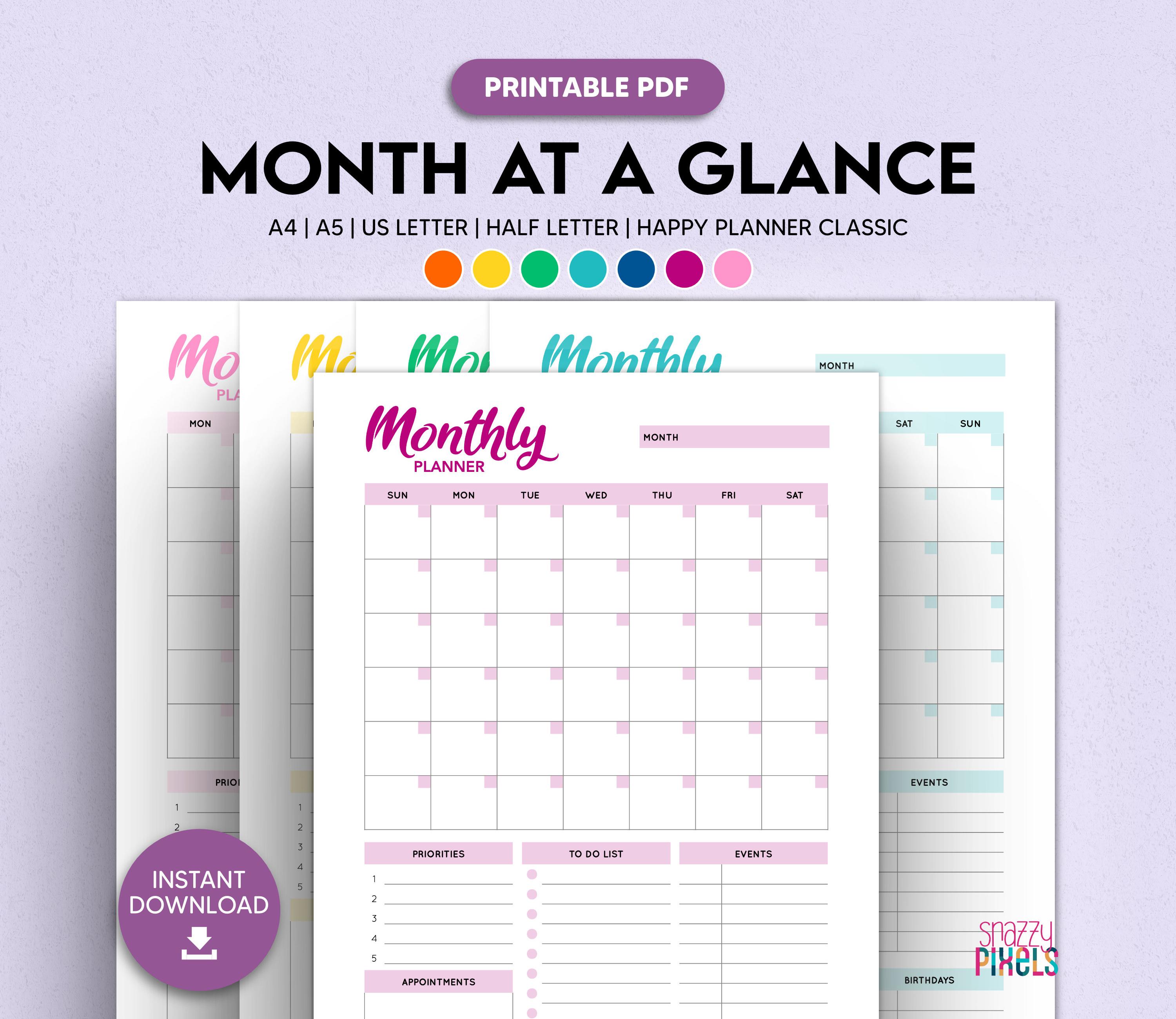 Month at a Glance Planner Printable PDF (color), Month Goals, to Do ...