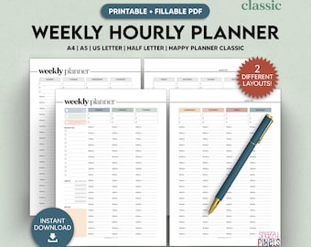 Hourly Weekly Planner Printable, Fillable PDF, Classic Design