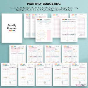 May include: A printable budgeting planner with colorful rainbow accents. The planner includes monthly calendars, monthly reflection pages, monthly spending trackers, category trackers, daily spending trackers, monthly budgets, paycheck budgets, and bi-weekly budgets.