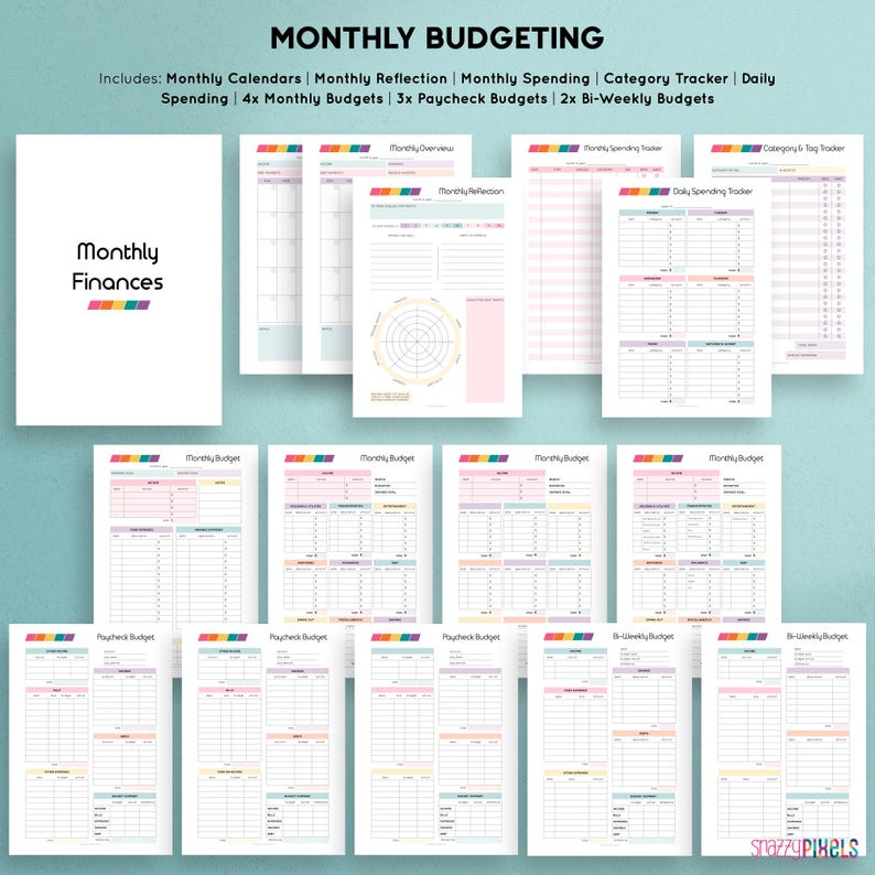 May include: A printable budgeting planner with colorful rainbow accents. The planner includes monthly calendars, monthly reflection pages, monthly spending trackers, category trackers, daily spending trackers, monthly budgets, paycheck budgets, and bi-weekly budgets.