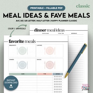 Idées de repas, modèle imprimable de repas préférés, planificateur de repas de menus, suivi de recette A4/A5/US Letter/demi lettre/Happy Planner, PDF à remplir