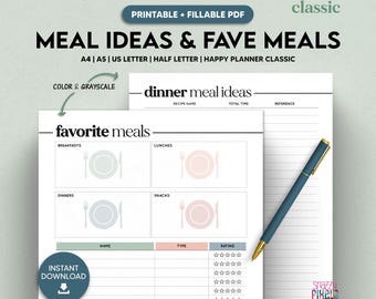 Meal Ideas Favorite Meals Printable Template, Menu Meal Planner, Recipe Tracker A4/A5/US Letter/Half Letter/Happy Planner, Fillable PDF