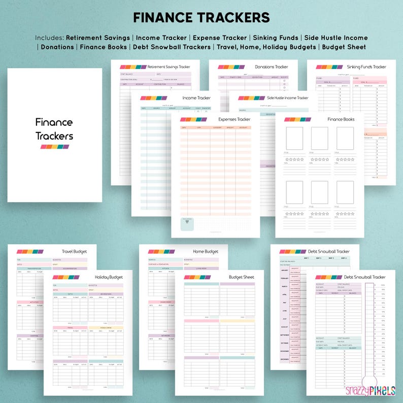 May include: A set of printable finance trackers in a rainbow color scheme. The trackers include: Retirement Savings, Income Tracker, Expense Tracker, Sinking Funds, Side Hustle Income, Donations, Finance Books, Debt Snowball Trackers, Travel, Home, Holiday Budgets, and Budget Sheet.