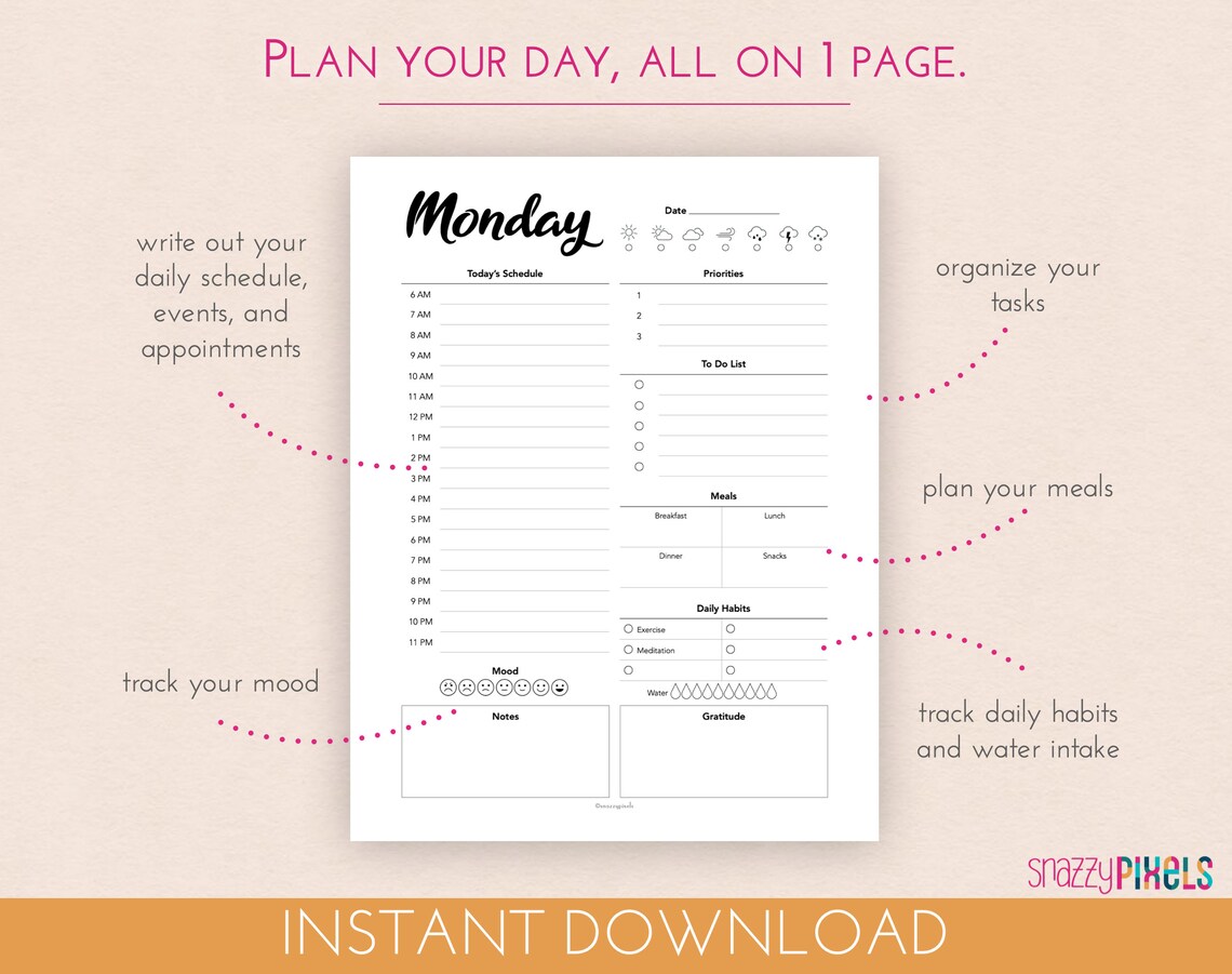 Productivity Planner Printable PDF B&amp;W Daily Weekly Monthly | Etsy