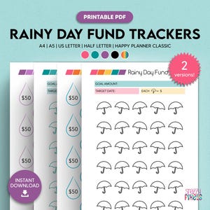 Rainy Day Fund Tracker Printable PDF, Rainy Day Fund Printable, Savings Tracker, Savings Challenge | A4 A5 Half US Letter Happy Planner