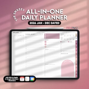 Puede incluir: Un planificador digital en una tableta con el texto "ALL-IN-ONE DAILY PLANNER 2026 JAN - DEC DATED". El planificador tiene un esquema de color rosa y blanco con secciones para enfoque, listas de tareas y gratitud. Incluye enlaces a Apple & Google Calendars + Recordatorios.