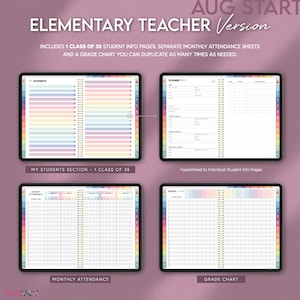Digital elementary teacher planner includes 35 hyperlinked student information pages, monthly attendance templates, and grade chart
