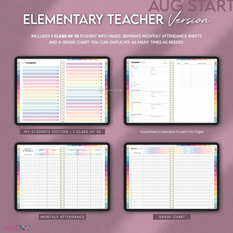 Digital elementary teacher planner includes 35 hyperlinked student information pages, monthly attendance templates, and grade chart