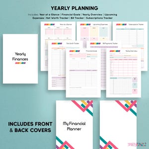 May include: A printable financial planner with colorful covers and pages. The planner includes sections for yearly overview, financial goals, net worth tracker, bill payments, upcoming expenses, and subscriptions.