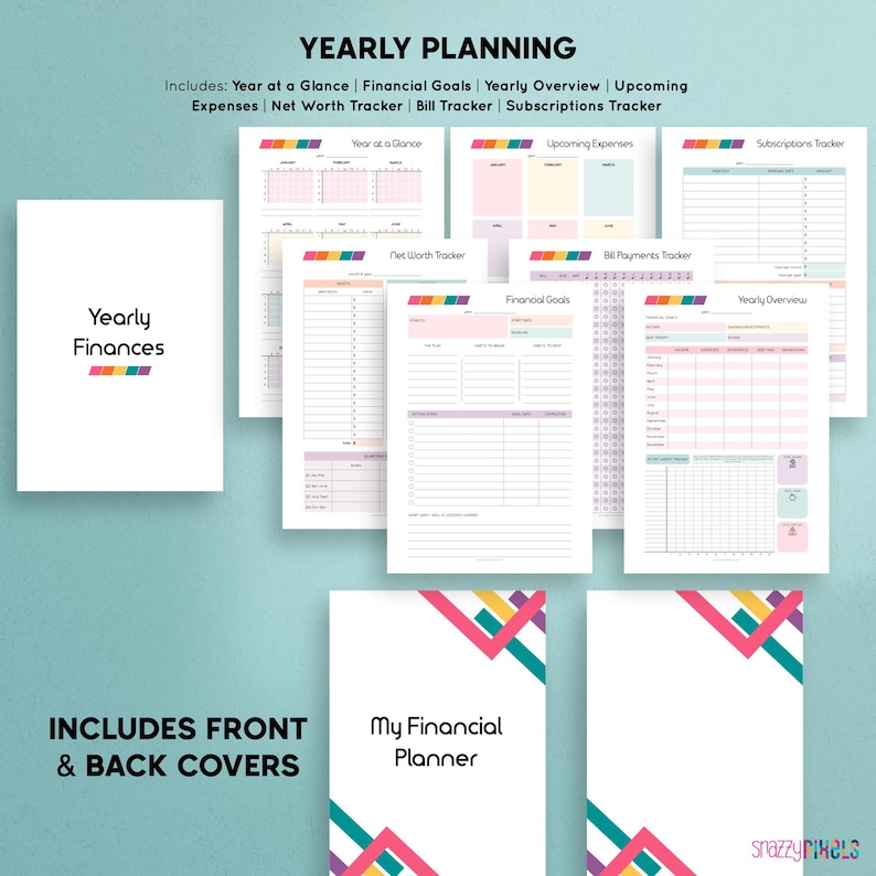 May include: A printable financial planner with colorful covers and pages. The planner includes sections for yearly overview, financial goals, net worth tracker, bill payments, upcoming expenses, and subscriptions.
