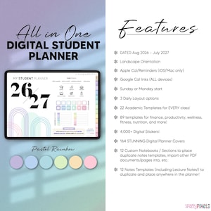 Pode incluir: Um planejador estudantil digital exibido na tela de um tablet com o texto All in One DIGITAL STUDENT PLANNER. A interface mostra os anos 26/27, arcos de arco-&iacute;ris pastel e &iacute;cones para escola, estilo de vida e bem-estar. Inclui lista de recursos.