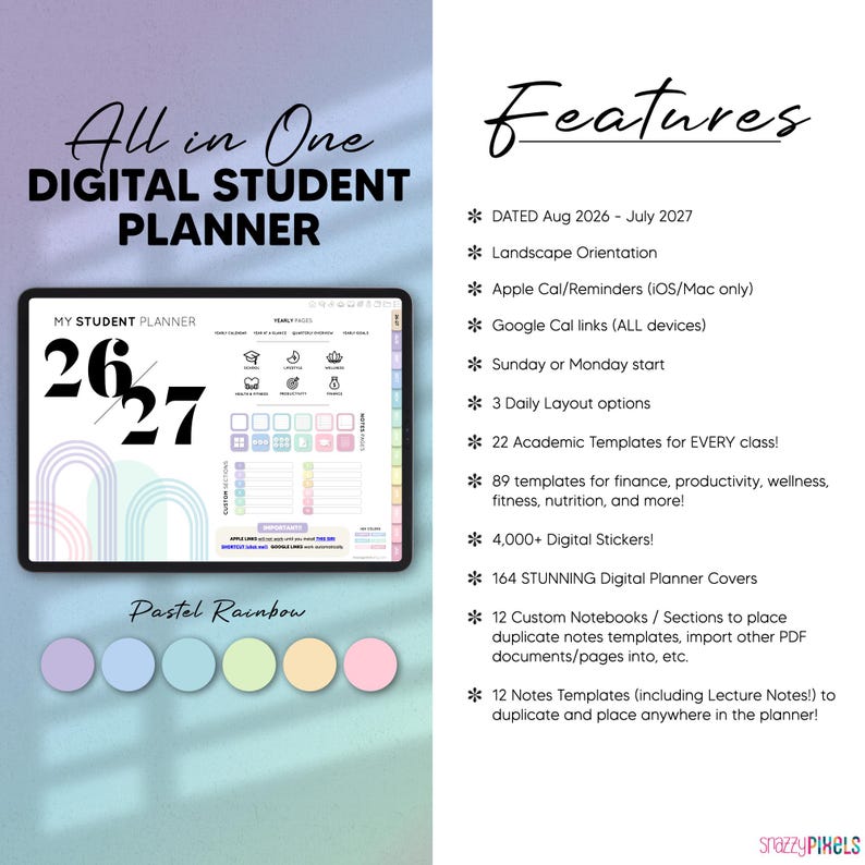 Pode incluir: Um planejador estudantil digital exibido na tela de um tablet com o texto All in One DIGITAL STUDENT PLANNER. A interface mostra os anos 26/27, arcos de arco-&iacute;ris pastel e &iacute;cones para escola, estilo de vida e bem-estar. Inclui lista de recursos.