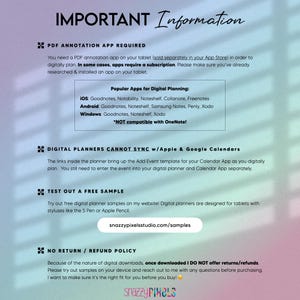 Pode incluir: Um gr&aacute;fico informativo com fundo degrad&ecirc; pastel intitulado IMPORTANT Information. Detalha os requisitos para um aplicativo de anota&ccedil;&atilde;o em PDF, observa que os planejadores digitais n&atilde;o sincronizam com calend&aacute;rios, sugere testar amostras gratuitas em snazzypixelsstudio.com/samples e estabelece uma pol&iacute;tica de n&atilde;o devolu&ccedil;&atilde;o.