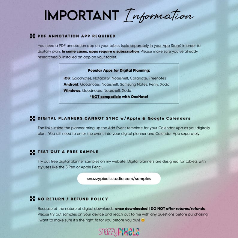 Pode incluir: Um gr&aacute;fico informativo com fundo degrad&ecirc; pastel intitulado IMPORTANT Information. Detalha os requisitos para um aplicativo de anota&ccedil;&atilde;o em PDF, observa que os planejadores digitais n&atilde;o sincronizam com calend&aacute;rios, sugere testar amostras gratuitas em snazzypixelsstudio.com/samples e estabelece uma pol&iacute;tica de n&atilde;o devolu&ccedil;&atilde;o.