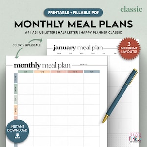 Monatlicher Mahlzeitenplaner druckbare Vorlage, Menüplaner, Lebensmittel Diet Planer, A4/A5/US Letter/Half Letter/Happy Planner, ausfüllbares PDF zum ausdrucken