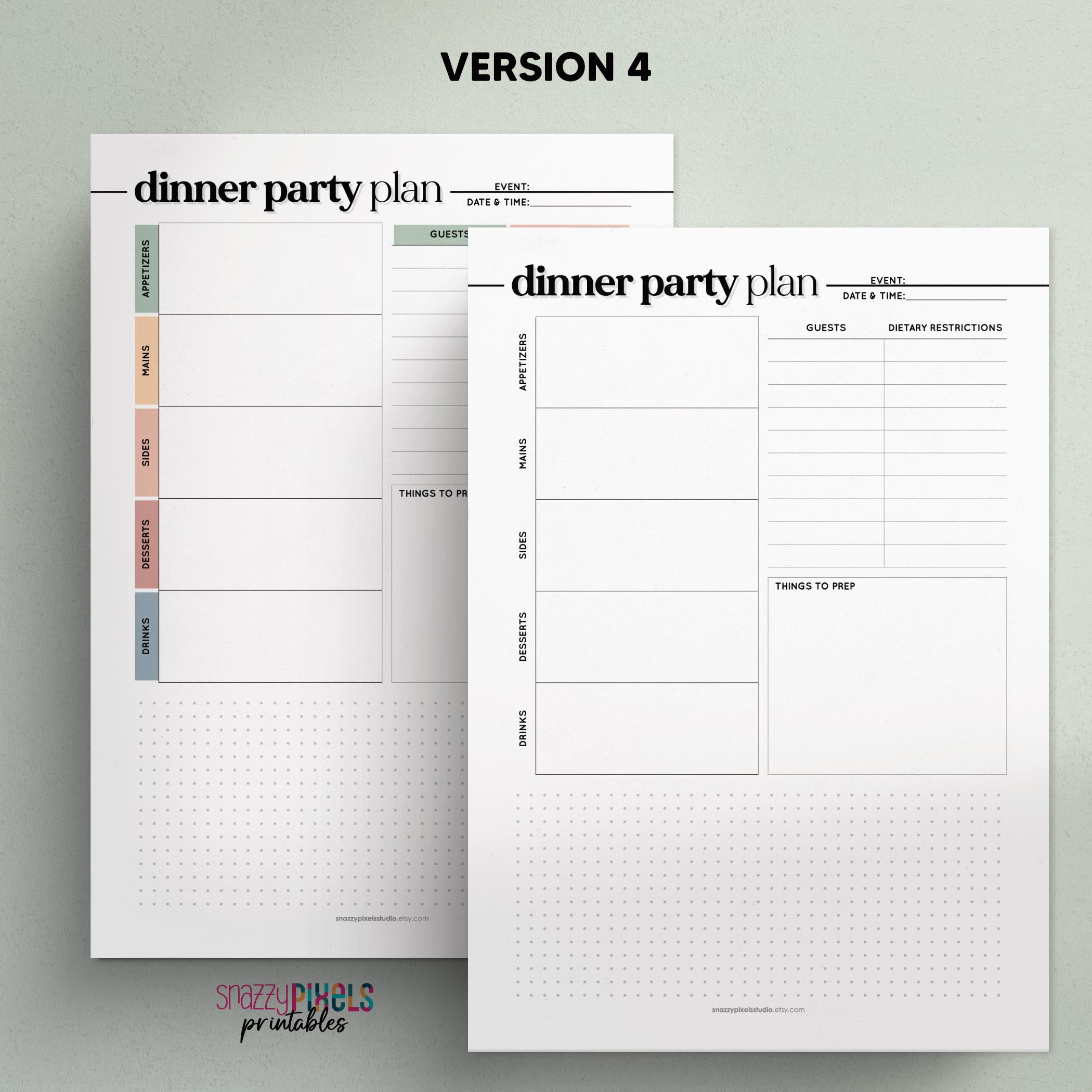 Dinner Party Planner Printable Template, Dinner Menu Plan, Food Planner ...