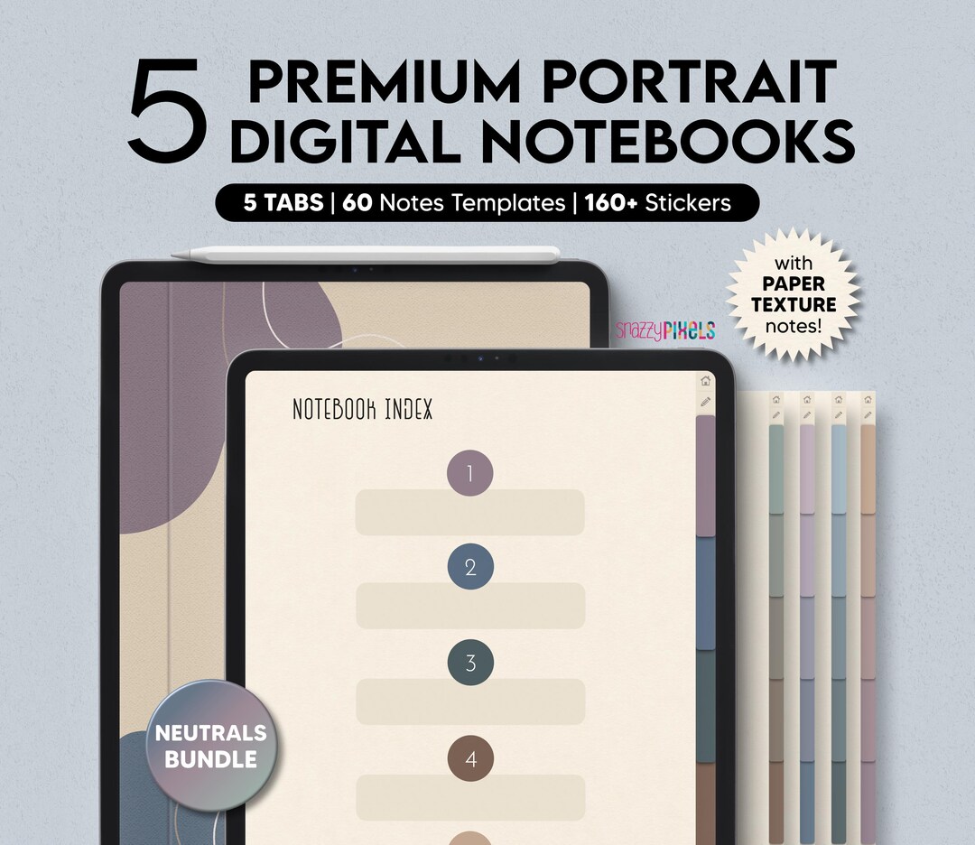 Neutral Digital Notebook Bundle, 5-tab, Notes Templates (digital ...