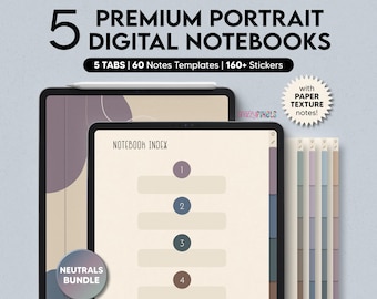 5 Digital Notebooks (Neutrals), 5 Tabs for Goodnotes Notability, Digital Notebook for iPad, Digital Notes Templates, Student Notebook